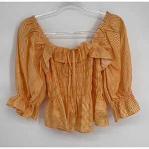 Suite 2939 Orange Gingham Smocked Puff Sleeve Peplum Blouse Sz M
